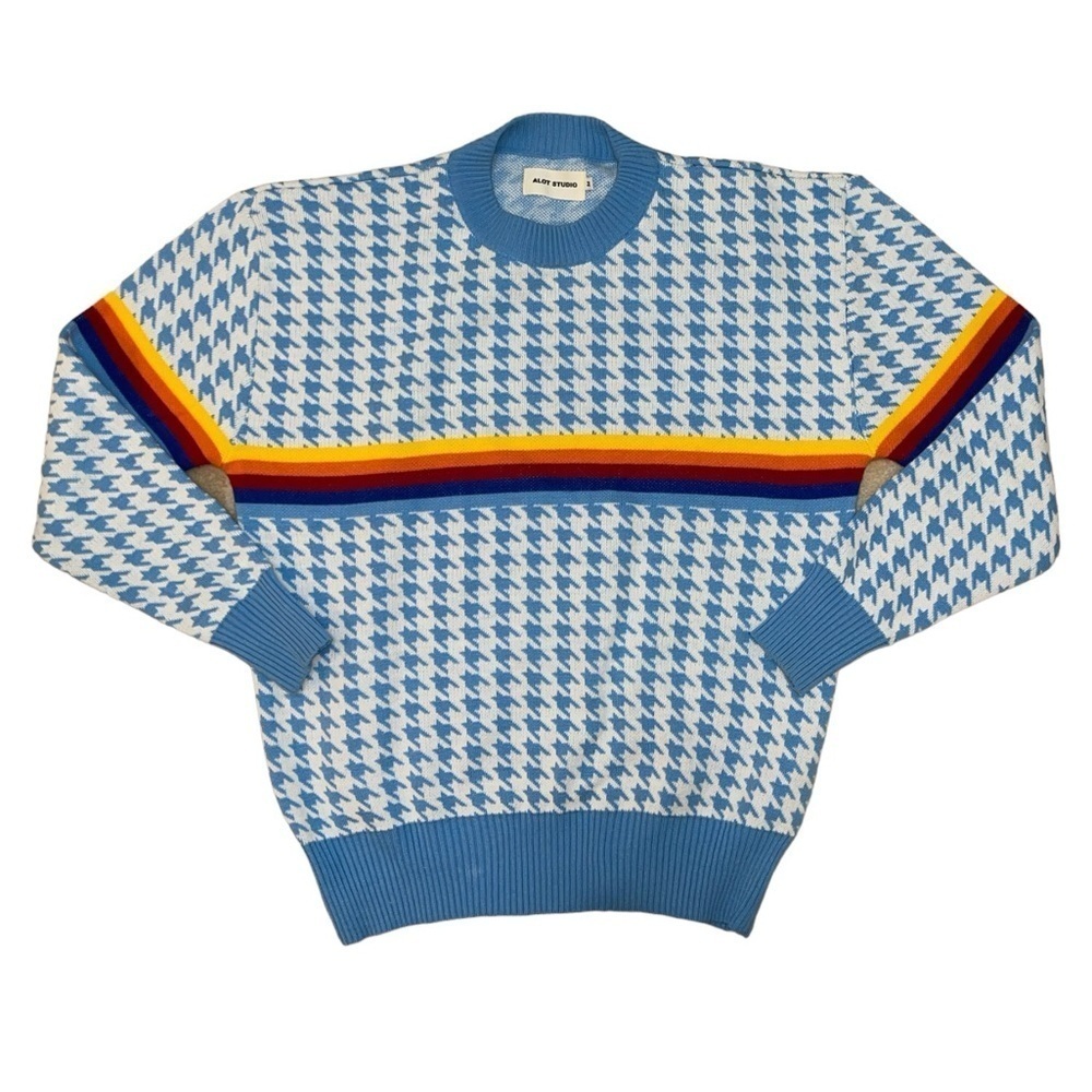 A Lot Studio light blue houndstooth rainbow stripe sweater women’s size medium